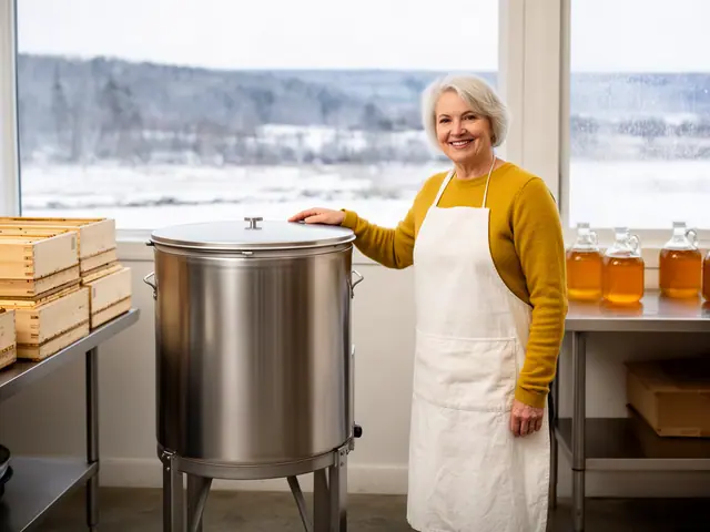 A smiling beekeeper in a cream apron beside a new stainless-steel honey tank with jars of honey nearby.
