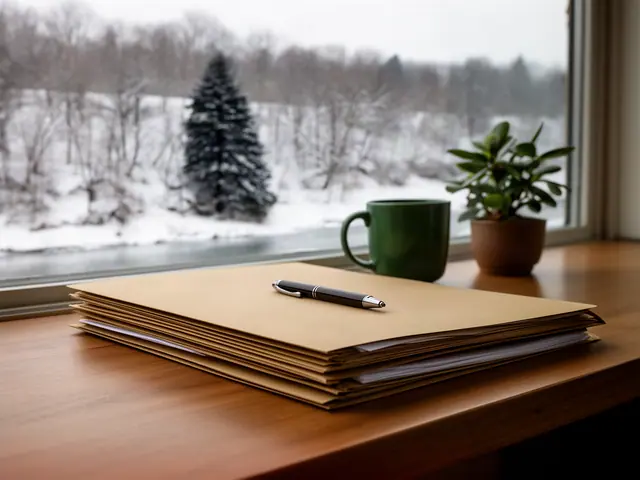 A neat stack of closed manila folders and a pen on a desk by a window.