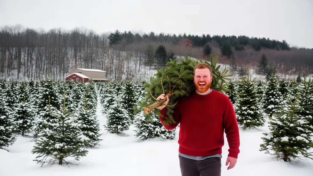 A laughing tree-farm owner carrying a fresh-cut fir across a snowy field of Christmas trees, a red barn behind.