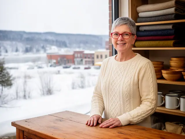 A smiling shop owner in a cream sweater at a wooden counter beside shelves of wool blankets and mugs.