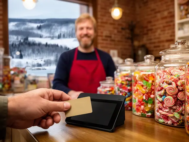 A customer taps a tan card on a counter terminal at a candy shop with big jars of sweets.