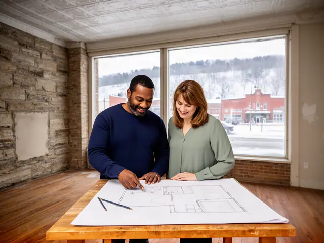 Two business partners looking over a pencil floor sketch in an empty storefront.